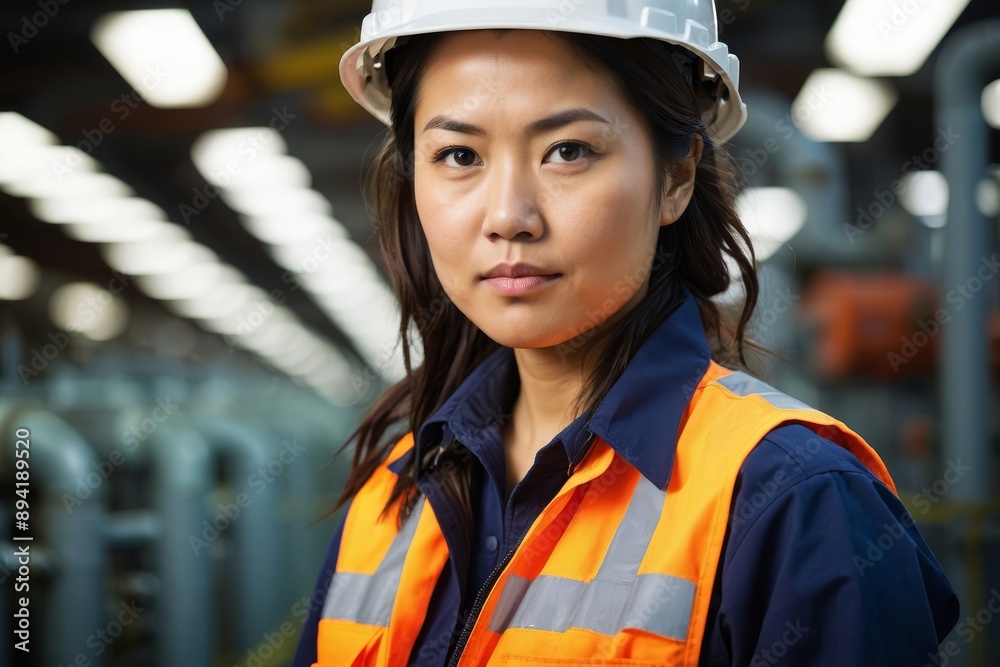 Woman in hard hat and safety vest looking at camera while standing in industrial setting Woman in hard hat and safety vest looking at camera while standing in industrial setting