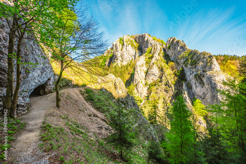 Curvy road between rocks of Maninska tiesnava gorge in Strazov mountains mountains, Slovakia photo