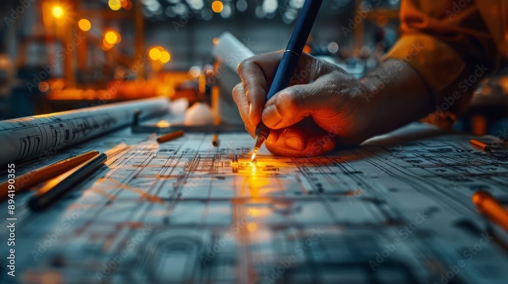 Close up hand of Engineers are helping to design work on blueprints and collaborate on structural analyzing of project types. Close up hand of Engineers are helping to design work on blueprints and collaborate on structural analyzing of project types.
