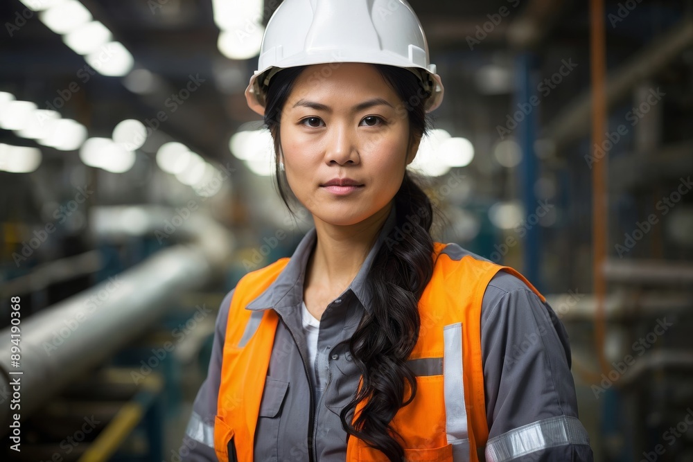 Portrait of confident female engineer wearing hardhat and safety vest in factory and industrial setting Portrait of confident female engineer wearing hardhat and safety vest in factory and industrial setting