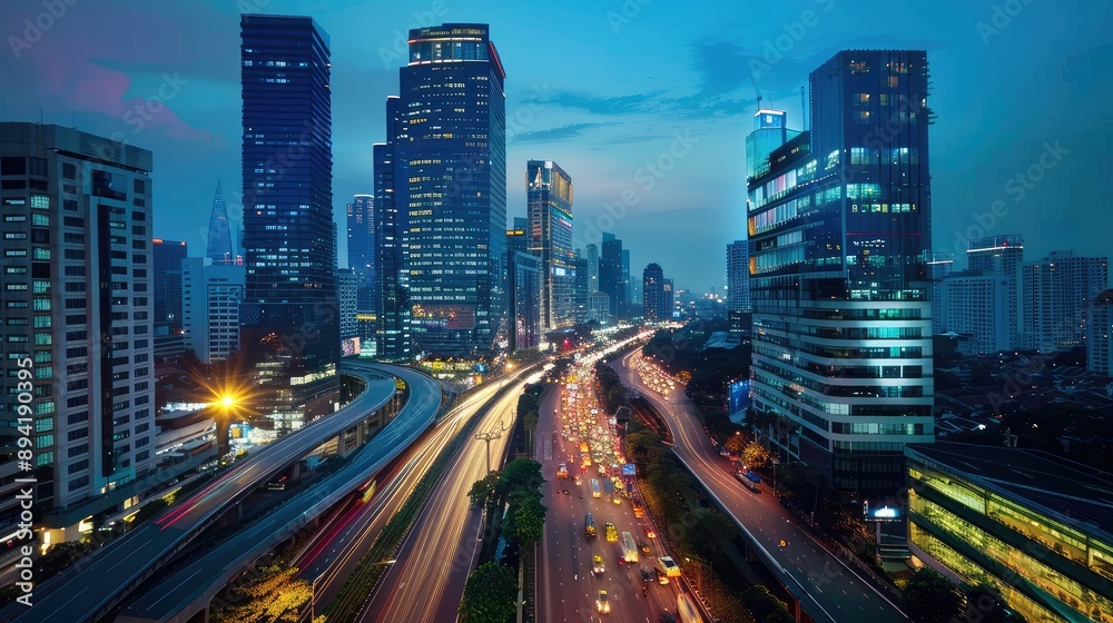 Dynamic Cityscape at Dusk with Flowing Traffic Dynamic Cityscape at Dusk with Flowing Traffic