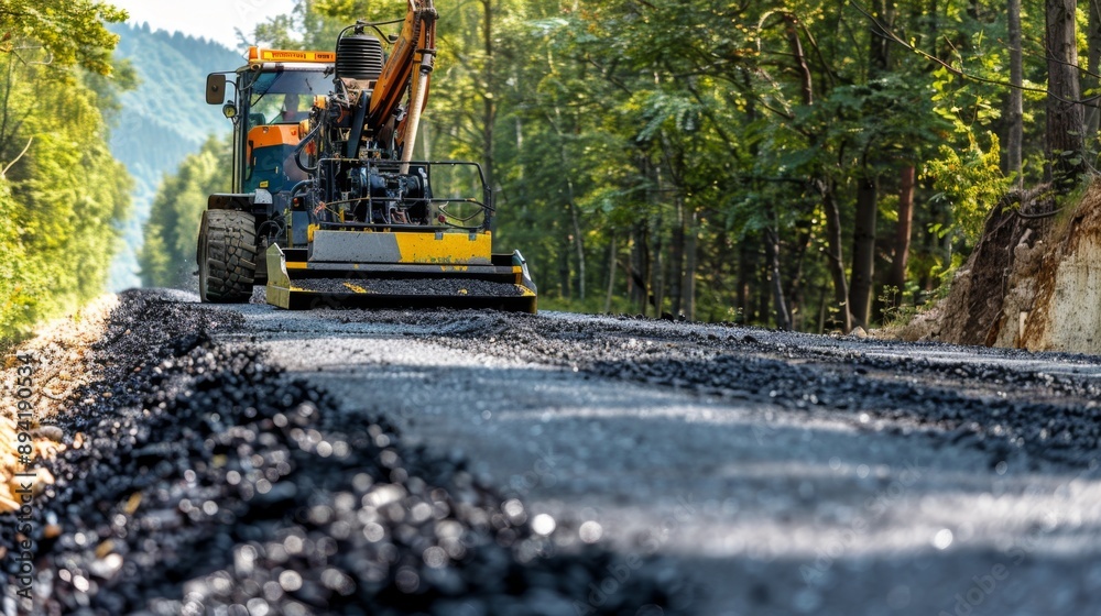 Road construction machine laying asphalt on a forest road. Road construction machine laying asphalt on a forest road.