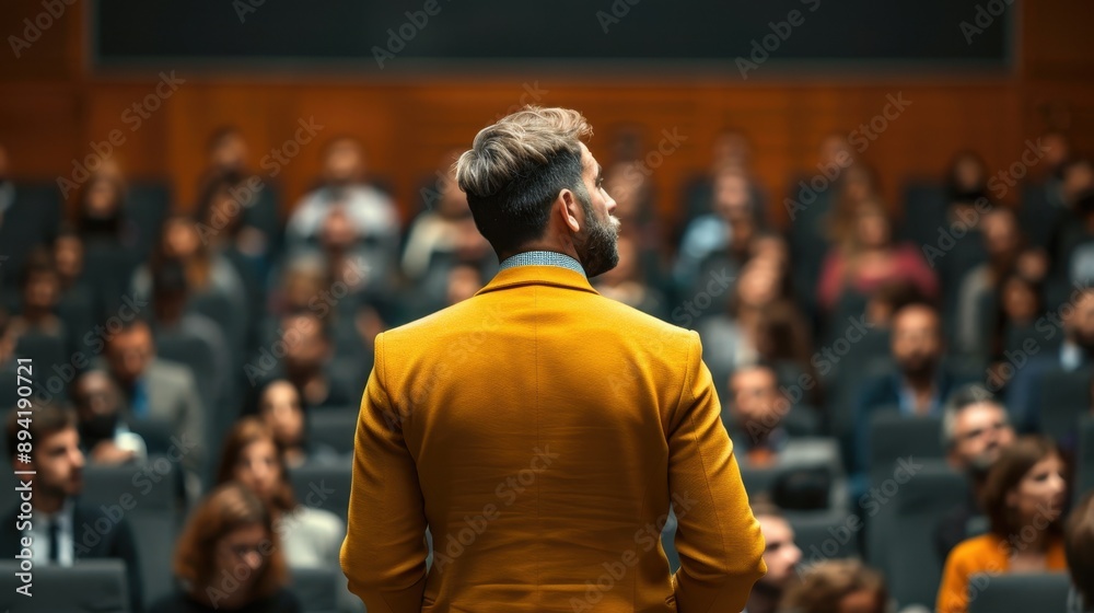 Fototapeta premium Business Presentation with Professional Speaker Addressing Audience in Corporate Seminar