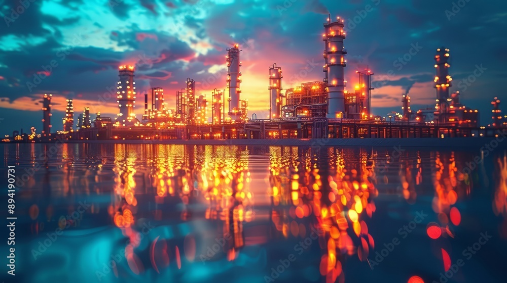 Fototapeta premium Oil and gas refinery plant or petrochemical industry on sky sunset background, Manufacturing of petrochemical industrial concept.