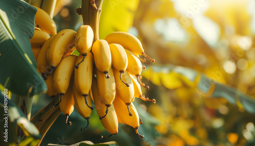 Tropical Delight of Lady Finger Bananas on a Banana Tree with Vibrant Foliage and Fresh Produce photo