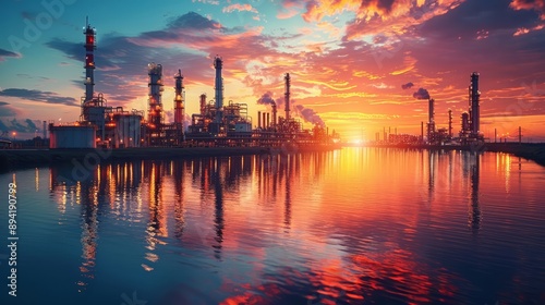 Petrochemical industry next to a river with a dramatic cloudy sky at twilight.