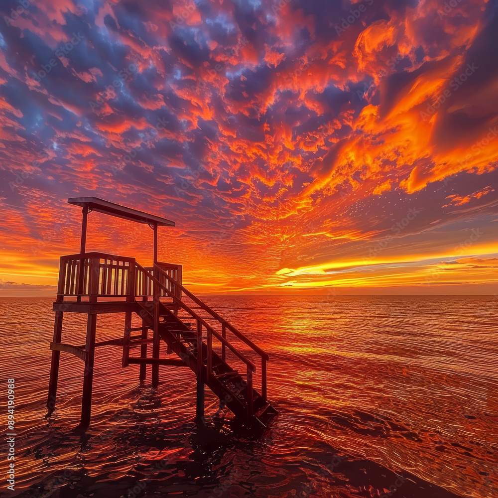 A golden platform stands tall, bathed in the vibrant hues of a mesmerizing sunset. The fiery red and orange colors paint a canvas across the sky, casting a warm glow on the water below. A golden platform stands tall, bathed in the vibrant hues of a mesmerizing sunset. The fiery red and orange colors paint a canvas across the sky, casting a warm glow on the water below.