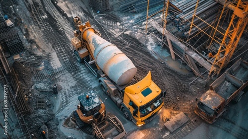 Construction site with concrete mixer truck and excavator.