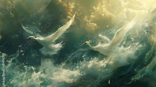 White Birds Soaring Through Clouds