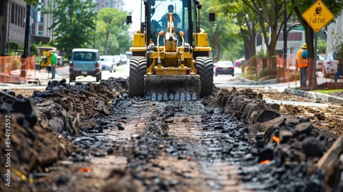 Excavator Working on Road Construction.