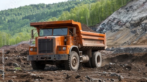 Orange Dump Truck on a Dirt Road.