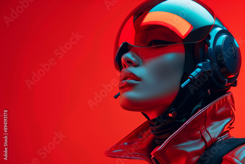 A futuristic portrait of a woman in a high-tech helmet and visor, set against a bold red background.