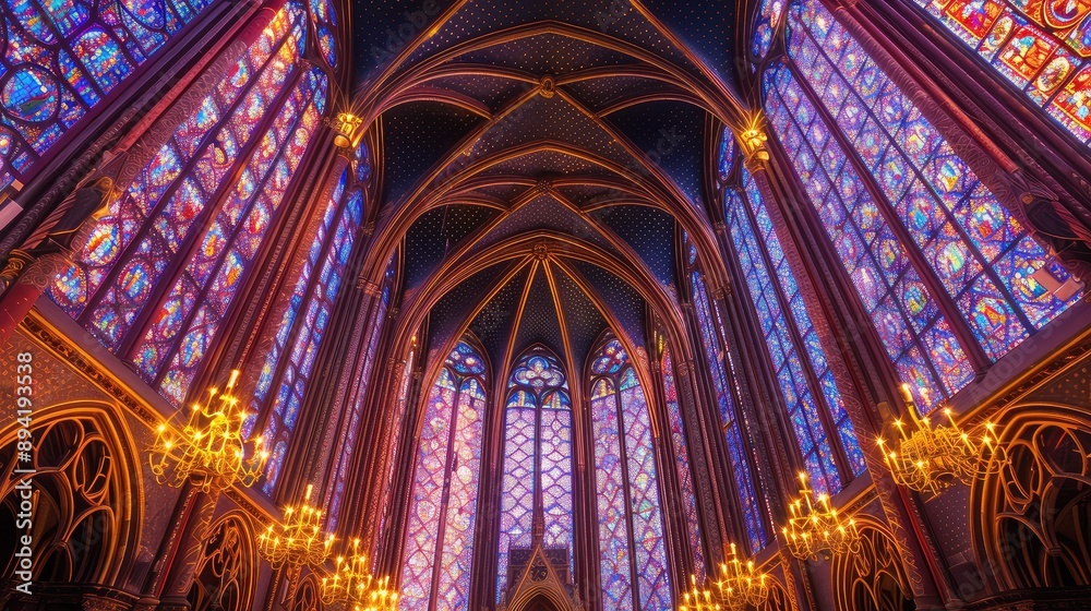 Fototapeta premium Majestic Gothic Cathedral Interior with Vibrant Stained Glass and Chandelier