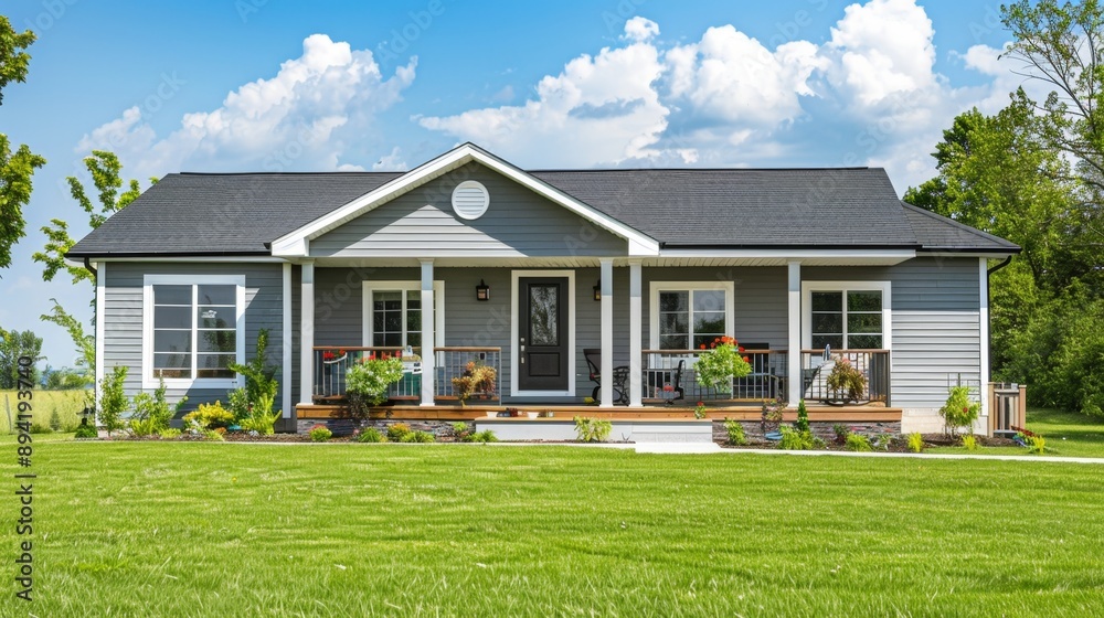 Modern Gray House with Porch and Flowers Modern Gray House with Porch and Flowers