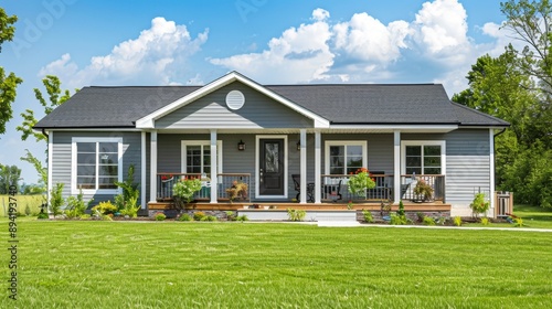 Modern Gray House with Porch and Flowers