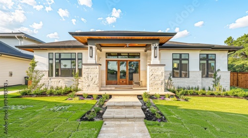 Modern House with Stone Facade and Green Lawn. © wiwat