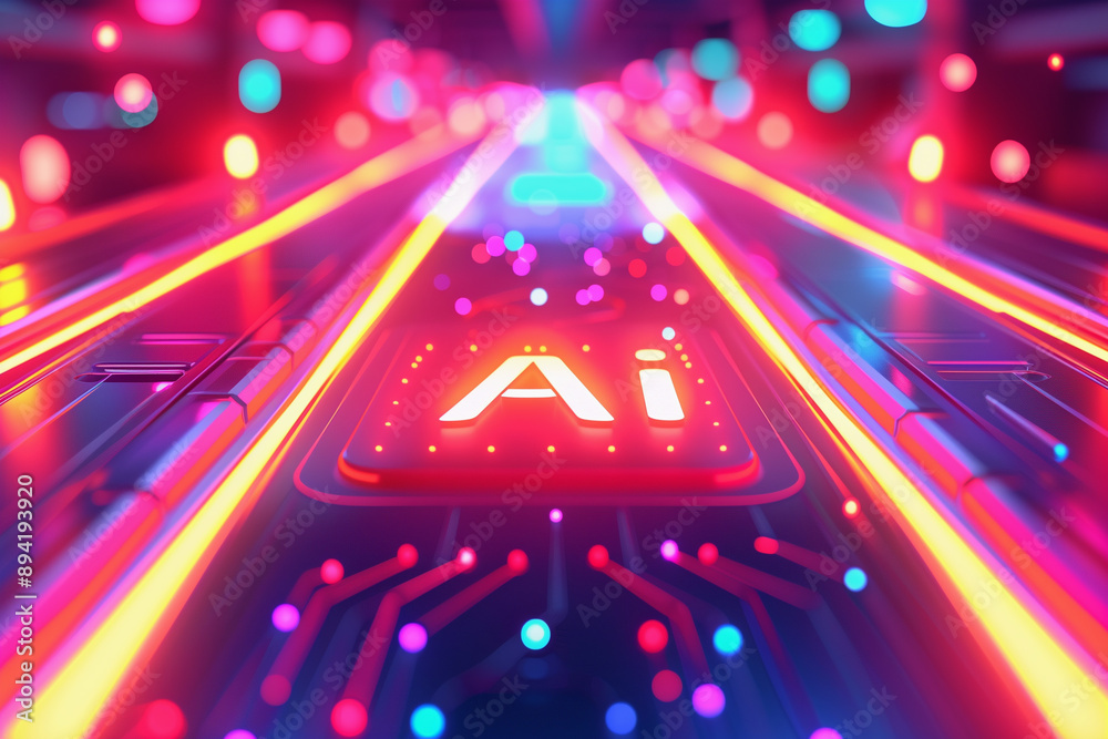 A futuristic perspective with neon-lit circuit board featuring the word A futuristic perspective with neon-lit circuit board featuring the word