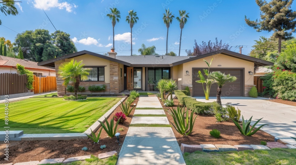Modern Suburban Home with Palm Trees and Lush Landscaping. Modern Suburban Home with Palm Trees and Lush Landscaping.
