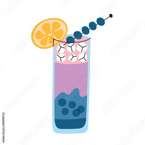 Vector illustration of a berry cocktail with a lemon slice and blueberry skewer garnish. Flat cartoon style, refreshing drink for summer and tropical themes. Bright design for vacation and party