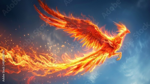 A fiery phoenix with outstretched wings soars against a blue sky leaving a trail of blazing embers