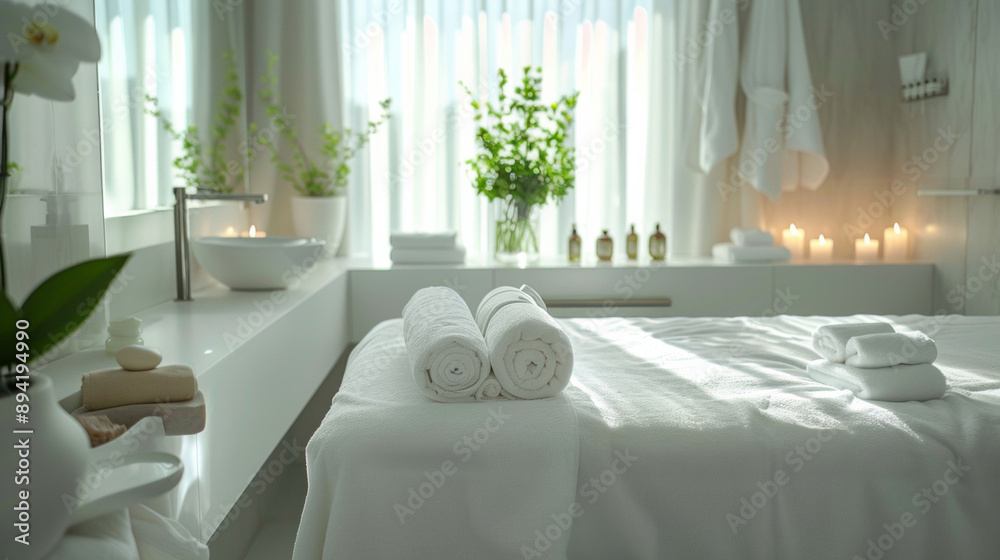 Luxurious spa setting with white towels, candles, and plants. Bright and clean ambiance perfect for relaxation and rejuvenation. Luxurious spa setting with white towels, candles, and plants. Bright and clean ambiance perfect for relaxation and rejuvenation.