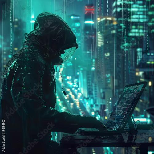 A hacker who uses illegal methods and operates from the hidden depths of the internet in a futuristic setting. photo