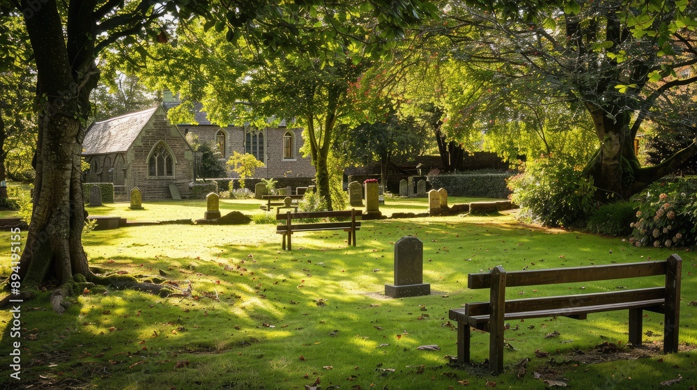 Tranquil Cemetery Scene with Lush Greenery and Historic Chapel
