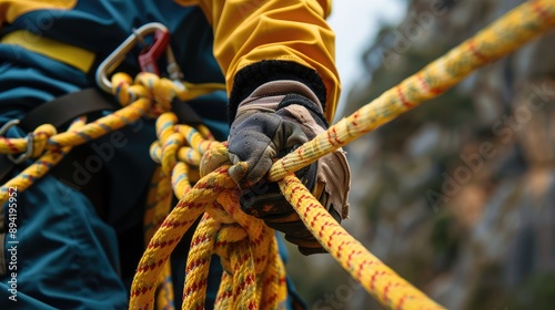 Close-Up of a Climber's Hand Gripping a Safety Rope photo