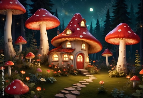 A cute mushroom house nestled in a whimsical forest