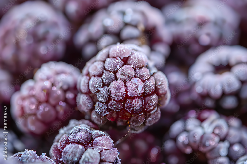 Detailed vertical closeup of frozen blackberries with frosty crystals and rich purple hue Detailed vertical closeup of frozen blackberries with frosty crystals and rich purple hue