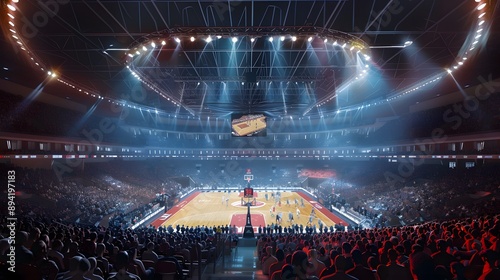 Interior view of an illuminated basketball stadium for a game. 