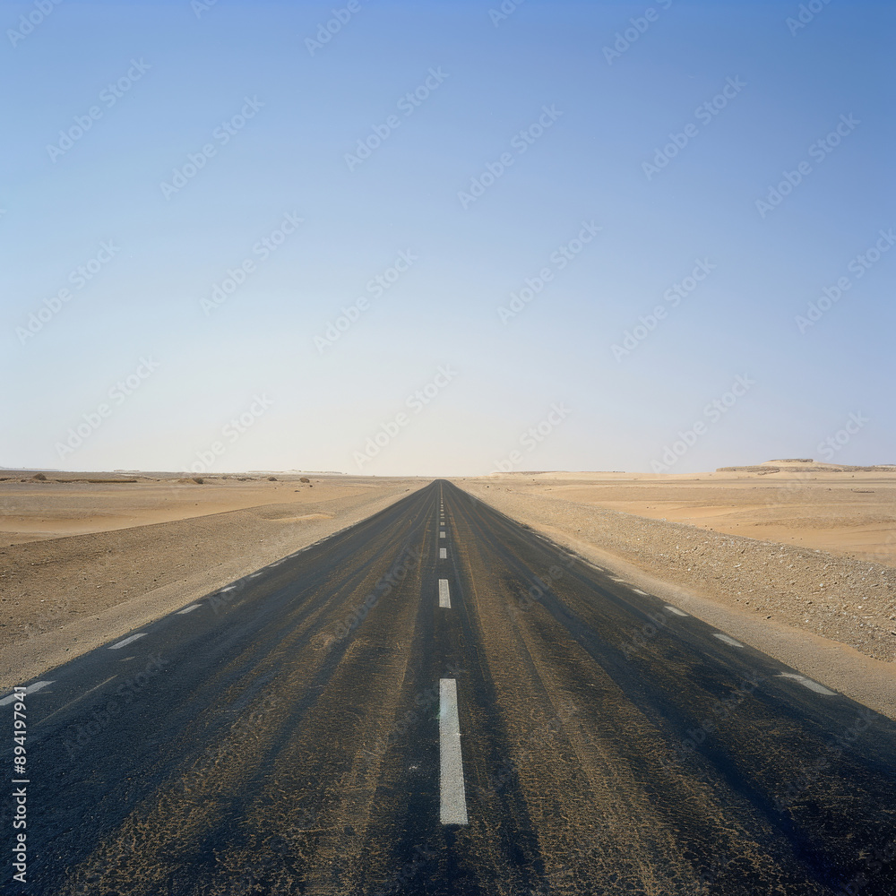 A lone road stretches through the vast Sahara desert in Egypt. It symbolizes freedom and the joy of embarking on a journey. The empty road represents the endless possibilities that lie ahead. A lone road stretches through the vast Sahara desert in Egypt. It symbolizes freedom and the joy of embarking on a journey. The empty road represents the endless possibilities that lie ahead.