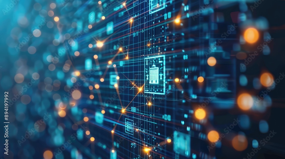 Futuristic Data Network Visualization with Circuitry and Light Effects