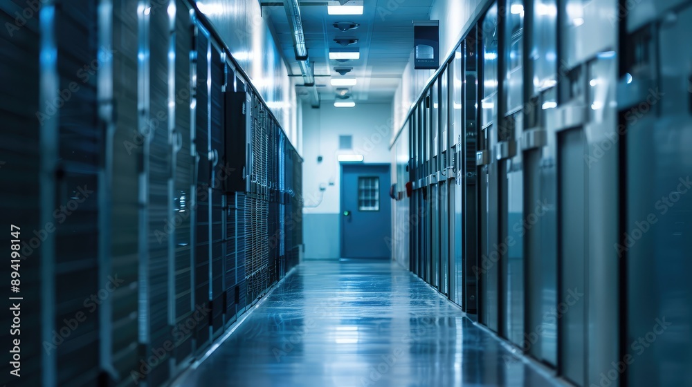 Serene Blue Hallway of a Modern Storage Facility Serene Blue Hallway of a Modern Storage Facility