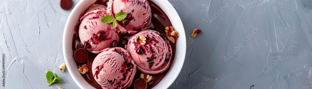 Delicious bowl of berry ice cream scoops with chocolate sauce, garnished with fresh mint leaves and nuts, perfect summer dessert. Delicious bowl of berry ice cream scoops with chocolate sauce, garnished with fresh mint leaves and nuts, perfect summer dessert.