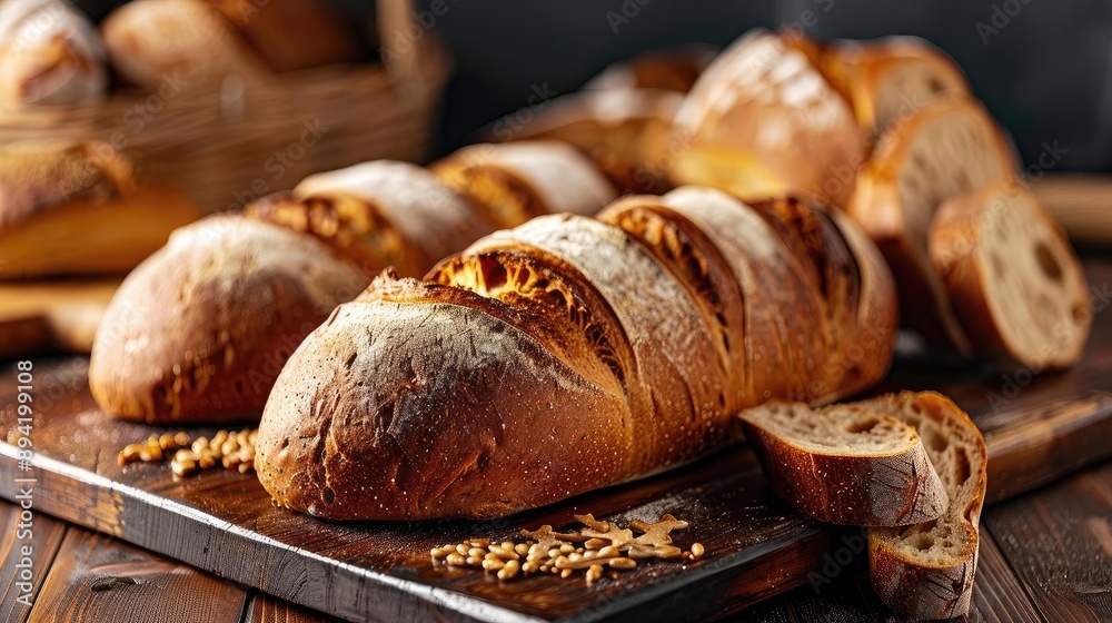 Freshly baked artisan bread loaves on a wooden board in a rustic kitchen setting. Sliced pieces reveal the light, airy interior. Freshly baked artisan bread loaves on a wooden board in a rustic kitchen setting. Sliced pieces reveal the light, airy interior.