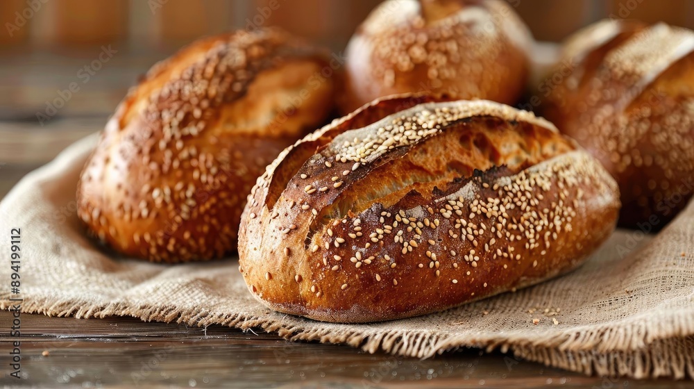 Freshly baked artisan bread rolls with seeds on a rustic cloth, perfect for bakery advertisements, food blogs, and culinary projects. Freshly baked artisan bread rolls with seeds on a rustic cloth, perfect for bakery advertisements, food blogs, and culinary projects.
