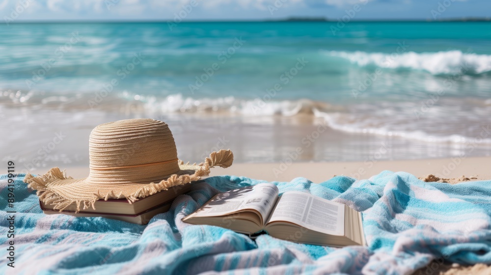A romance novel left on a beach towel beside a sun hat, with waves in the background on a sunny beach setting, evoking relaxation and escape A romance novel left on a beach towel beside a sun hat, with waves in the background on a sunny beach setting, evoking relaxation and escape