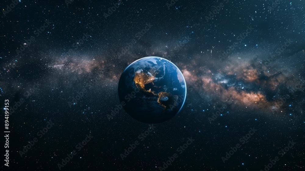 Fototapeta premium A striking image of Earth with the Milky Way galaxy in the background. Highlights the beauty and vastness of space and our planet's place within the cosmos