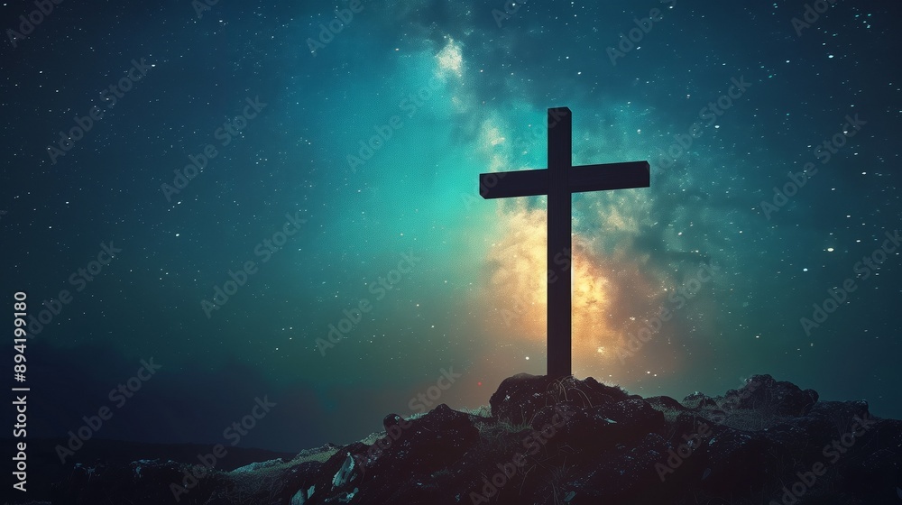 A wooden cross silhouetted against a starry night sky, illuminated by the glow of the Milky Way, creating a serene and spiritual atmosphere A wooden cross silhouetted against a starry night sky, illuminated by the glow of the Milky Way, creating a serene and spiritual atmosphere