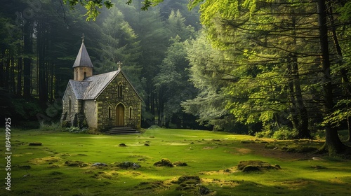 Serene Chapel Surrounded by Lush Green Forest Landscape photo