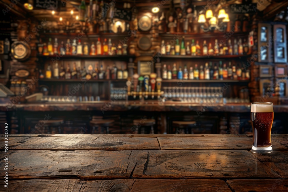 Glass of dark beer on wooden table top with blurred background of bar counter, pub interior