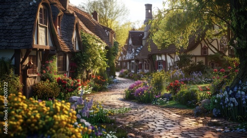 Charming village scene with cobblestone path and colorful flowering gardens, leading to quaint traditional homes, bathed in soft afternoon sunlight. © Alex
