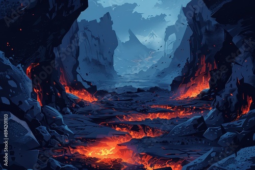 Molten Depths of Volcanic Mountain Crevice Landscape