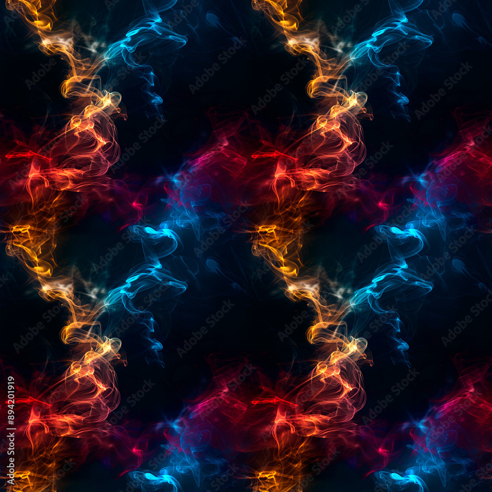 Fototapeta premium Seamless background of colorful smoke wisps swirling in an abstract pattern on a dark background with bright orange, blue and red tones, creating a dynamic and mysterious atmosphere