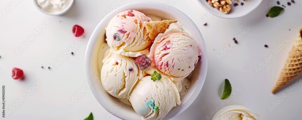 A bowl of delicious, creamy ice cream with various toppings, including fresh fruits, nuts, and a waffle cone, perfect for a sweet treat. A bowl of delicious, creamy ice cream with various toppings, including fresh fruits, nuts, and a waffle cone, perfect for a sweet treat.
