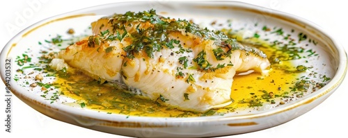 baked cod in garlic butter sauce, food element, digital painting, vivid colors, isolated on white background
