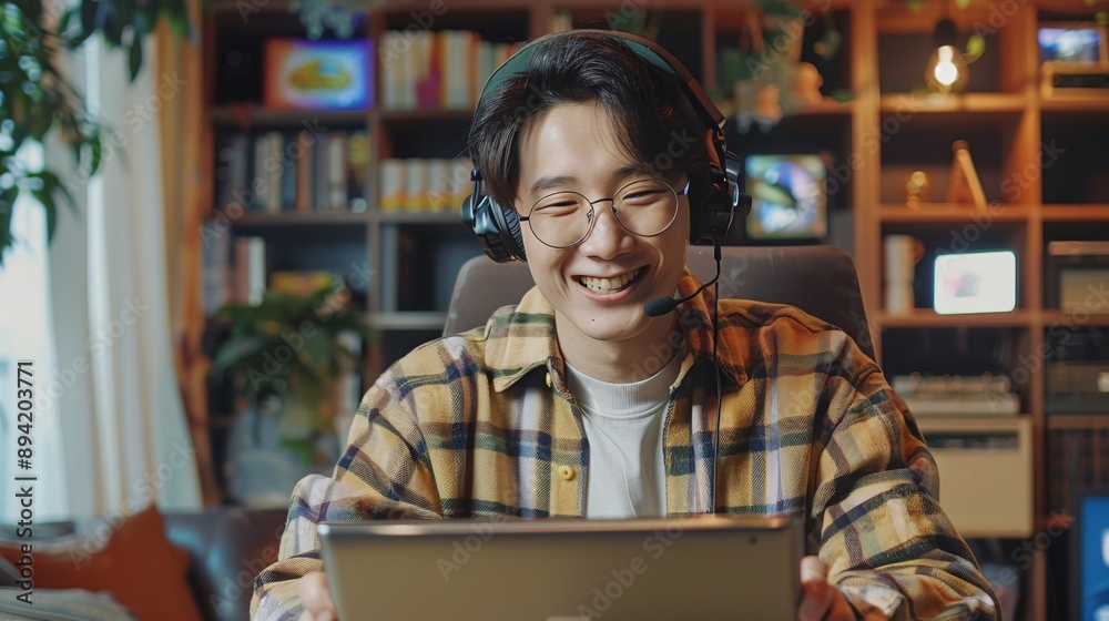 Fototapeta premium An Asian online content creator with spectacles happily plays video games and interacts with viewers through a live stream while using a headset and laptop for teaching purposes.