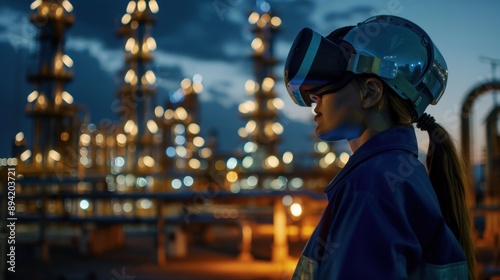 Wallpaper Mural Female engineer wearing virtual reality glasses behind an oil plant at night Torontodigital.ca