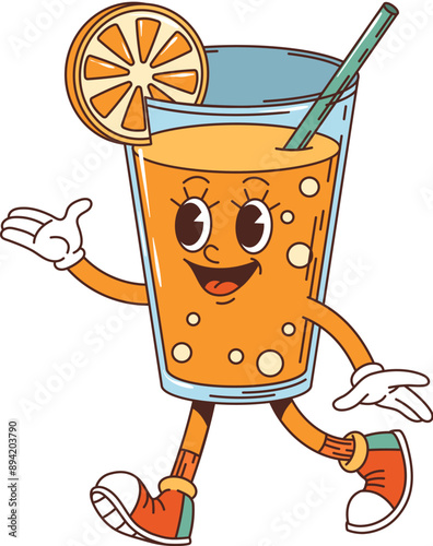 Retro groovy orange juice character. Isolated cartoon vector anthropomorphic glass of drink personage with cheerful facial expression, a slice of orange fruit as decoration, and a straw sticking out